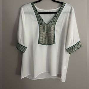 SHEIN White Blouse with Green Embroidery